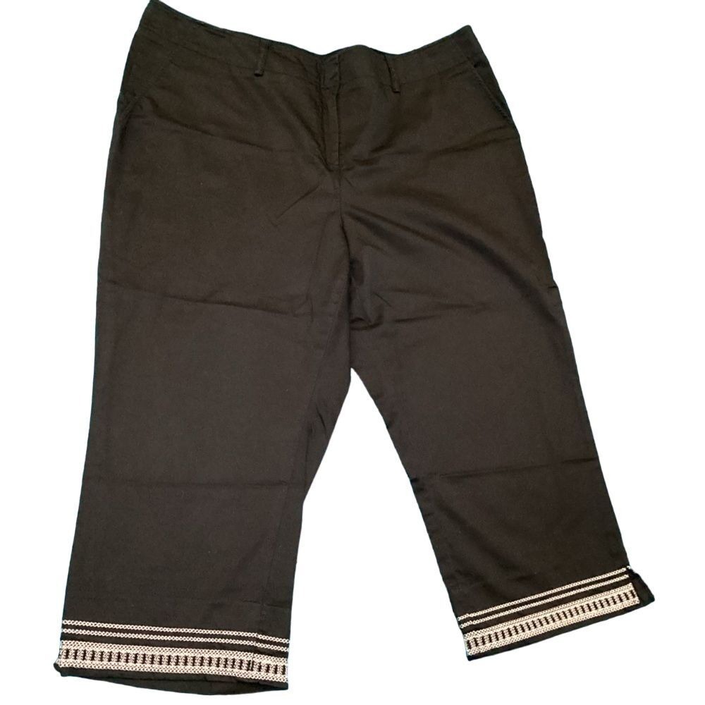 Nygard Petites Brown Embroidered Hem Capri Pants Size 14P Stretch Cotton